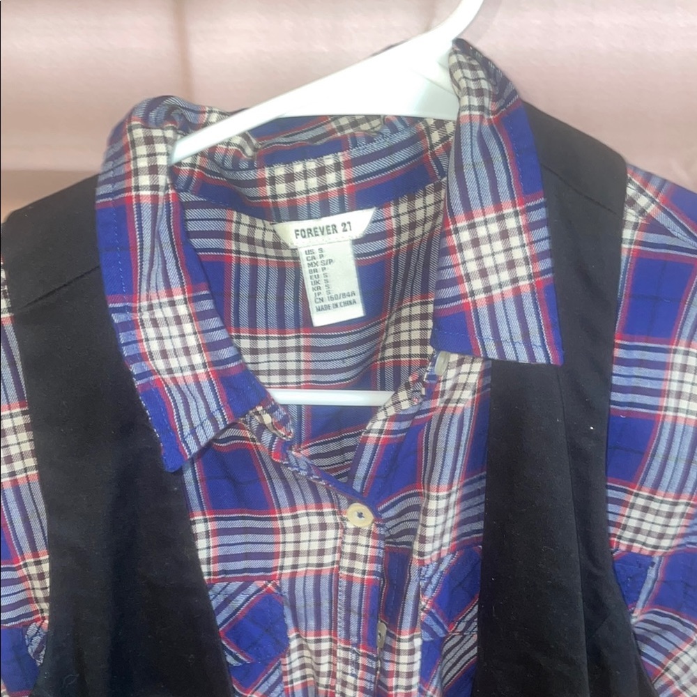 Forever 21 Blue Plaid Shirt with Black Vest